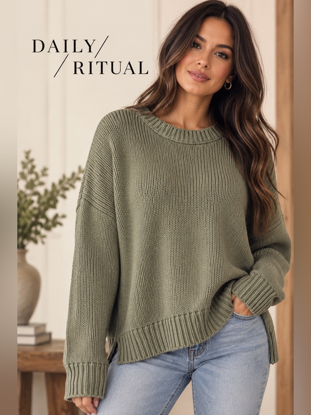 Daily Ritual Green Chunky Knit Crewneck Pullover Sweater XS